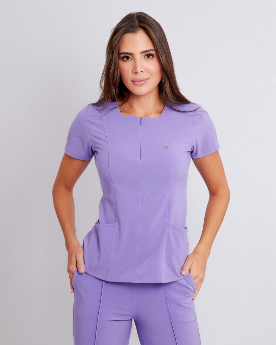 Scrub quirúrgico blusa médica uniforme antifluidos acuario morado dalia para mujer