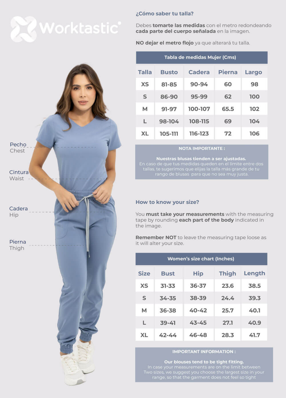 Guia de tallas uniformes para mujer Worktastic México