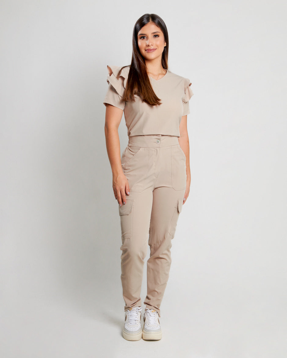 Pantalón Médico Uniforme Antifluidos Polux Beige Manga Bolero